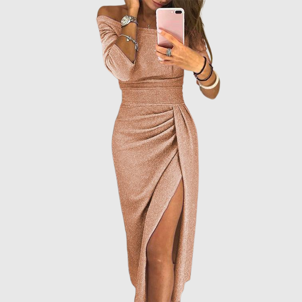 Elegancka długa sukienka | Rozcięcie, off-shoulder dekolt i dopasowany krój