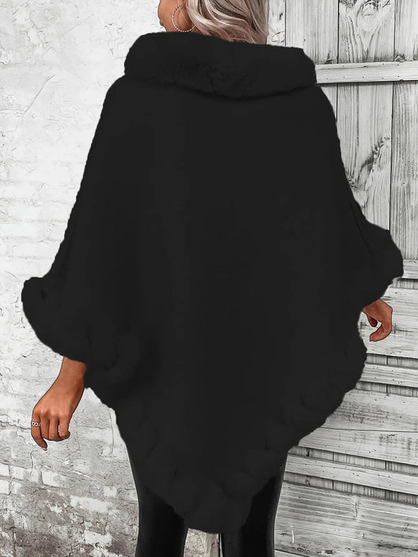 Damskie ponczo | Dzianinowy zimowy płaszcz z futrzanym kołnierzem