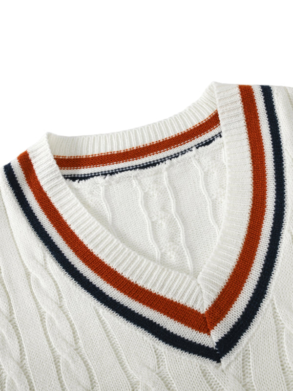 Męski sweter w warkocze | Biały sweter z dekoltem w serek