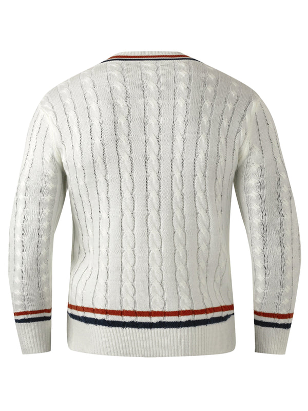 Męski sweter w warkocze | Biały sweter z dekoltem w serek