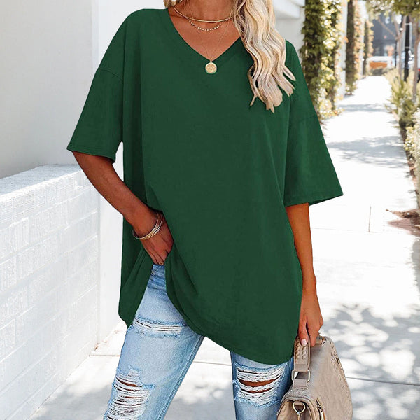 Kate | Luźna jednolita bawełniana koszulka z dekoltem w serek dla kobiet