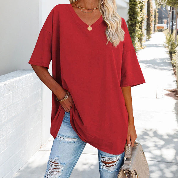 Kate | Luźna jednolita bawełniana koszulka z dekoltem w serek dla kobiet