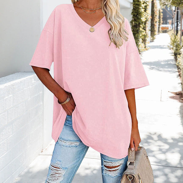 Kate | Luźna jednolita bawełniana koszulka z dekoltem w serek dla kobiet