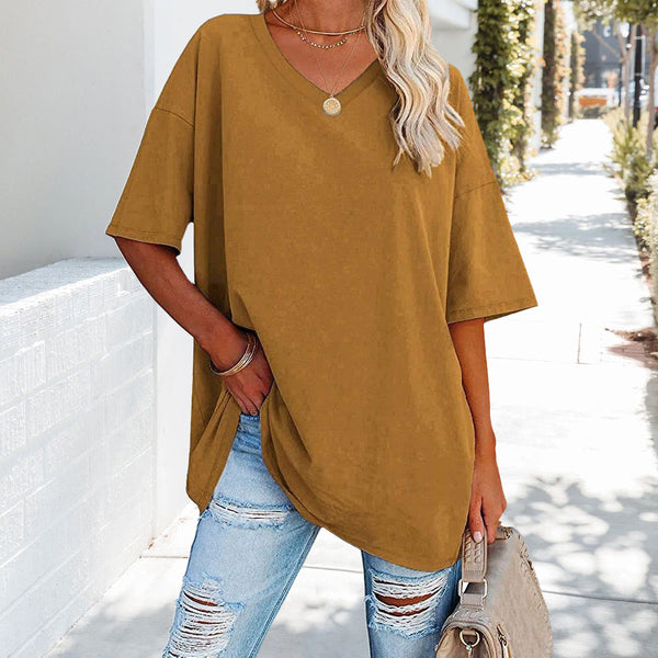 Kate | Luźna jednolita bawełniana koszulka z dekoltem w serek dla kobiet