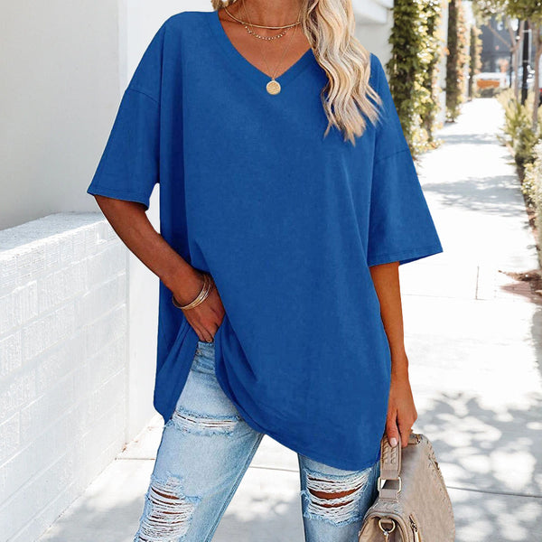 Kate | Luźna jednolita bawełniana koszulka z dekoltem w serek dla kobiet