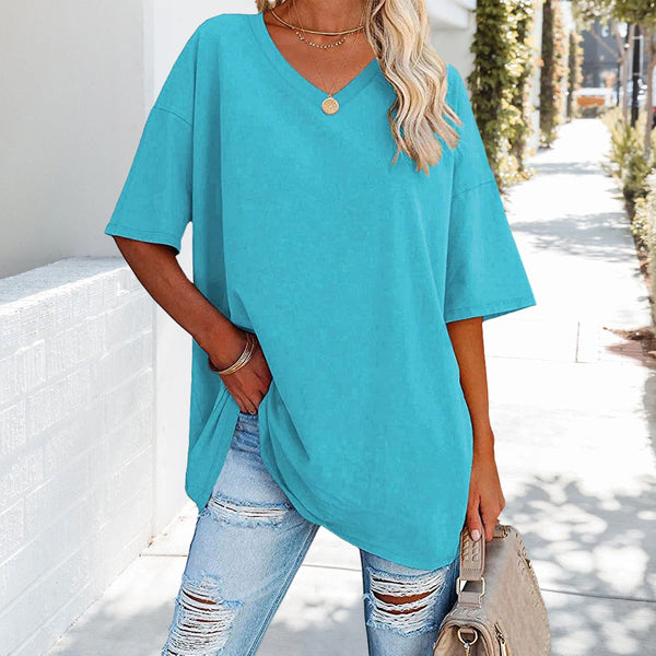 Kate | Luźna jednolita bawełniana koszulka z dekoltem w serek dla kobiet