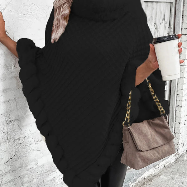 Damskie ponczo | Dzianinowy zimowy płaszcz z futrzanym kołnierzem