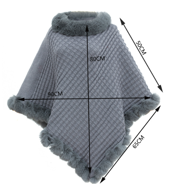 Damskie ponczo | Dzianinowy zimowy płaszcz z futrzanym kołnierzem