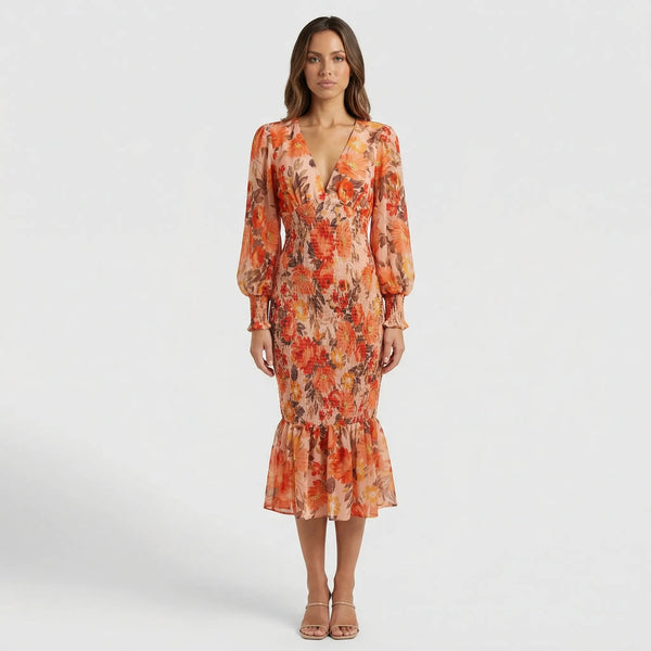 Midi Sukienka Ze Zmarszczonym Stanikiem W Kwiaty