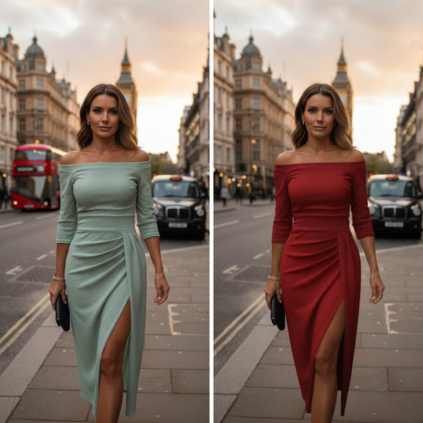 Elegancka długa sukienka | Rozcięcie, off-shoulder dekolt i dopasowany krój